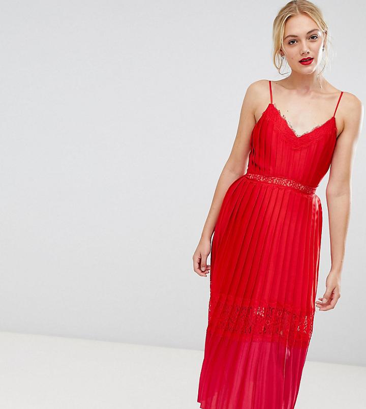 Little Mistress Tall Pleated Lace Trim Midi Dress In Pomegranate - Red
