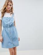 Miss Selfridge Pinafore Dress In Chambray With Shirred Waist - Blue