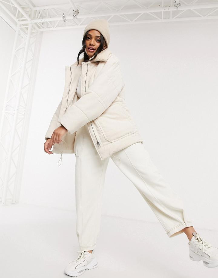 Stradivarius Padded Jacket With Teddy Collar In Ecru-neutral