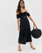 Asos Design Bardot Maxi Broderie Sundress With Tortoiseshell Belt-black