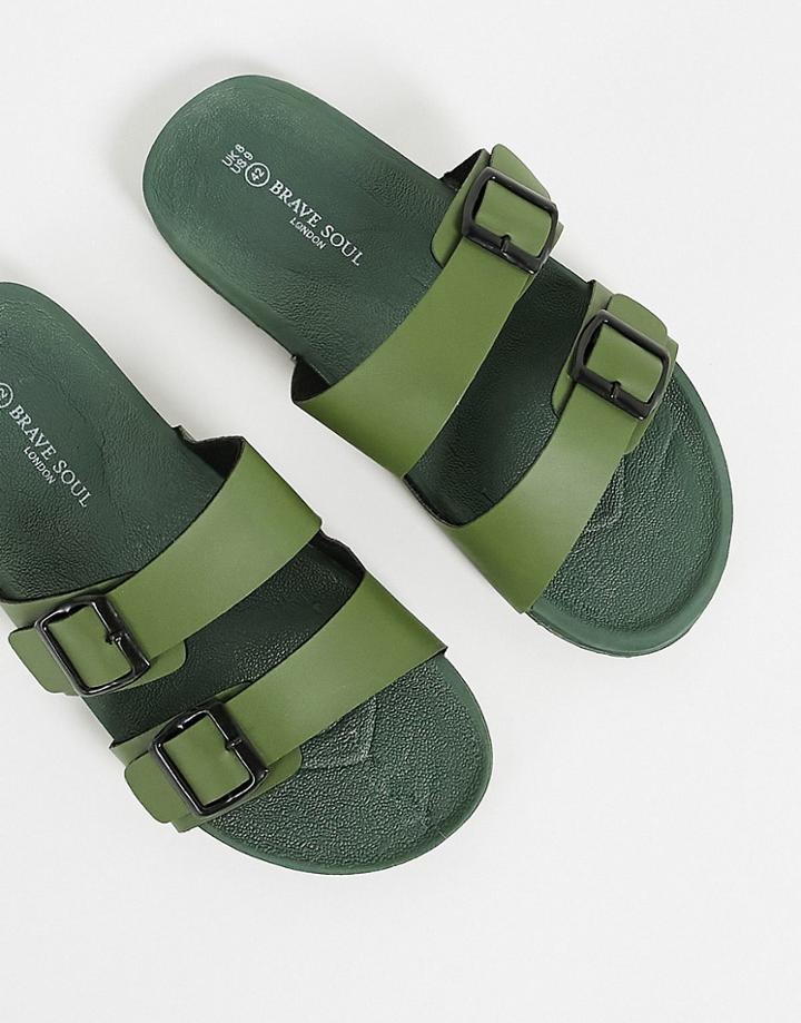 Brave Soul Molded Double Buckle Slides In Khaki-green