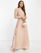 Asos Design Bridesmaid Maxi Dress With Long Sleeve Embellishment & Tulle Skirt In Blush-pink