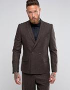 Asos Slim Double Breasted Suit Jacket In Brown Herringbone - Brown