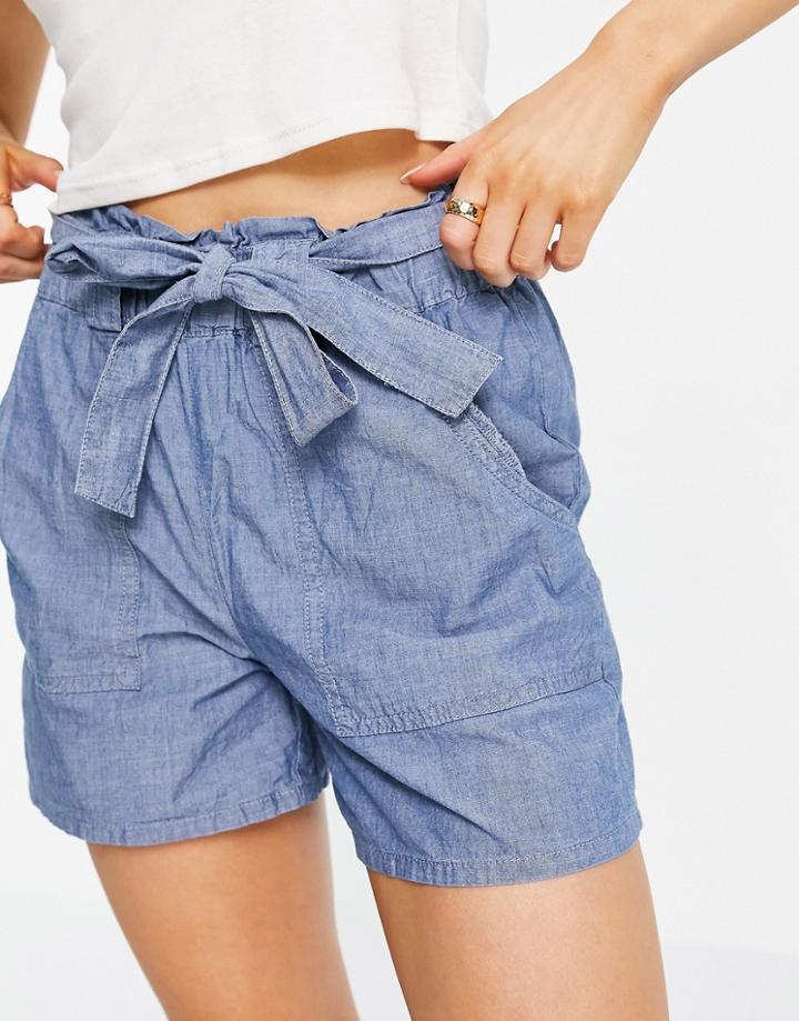 Vero Moda Organic Cotton Blend Chambray Shorts With Tie Waist In Blue-blues