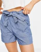 Vero Moda Organic Cotton Blend Chambray Shorts With Tie Waist In Blue-blues