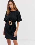 Asos Design Mini Wiggle Dress In Linen With Buckle Belt - Black