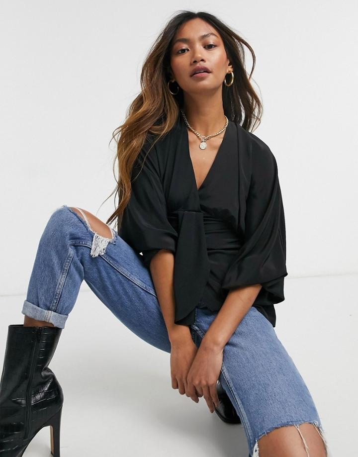 Asos Design Kimono Volume Sleeve Top With Deep V Detail In Black