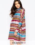 Reclaimed Vintage High Neck Longline Sweater In Knitted 70s Zig Zag - Multi