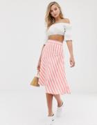 Vila Stripe Asymetric Hem Midi Skirt-orange