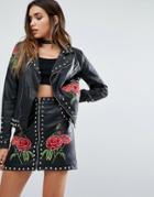 Missguided Leather Look Biker Jacket With Studs And Rose Embroidery - Black