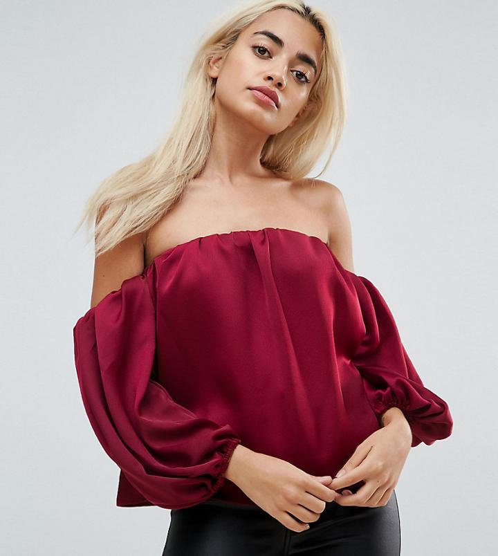 Asos Petite Satin Off Shoulder Top With Balloon Sleeve - Red