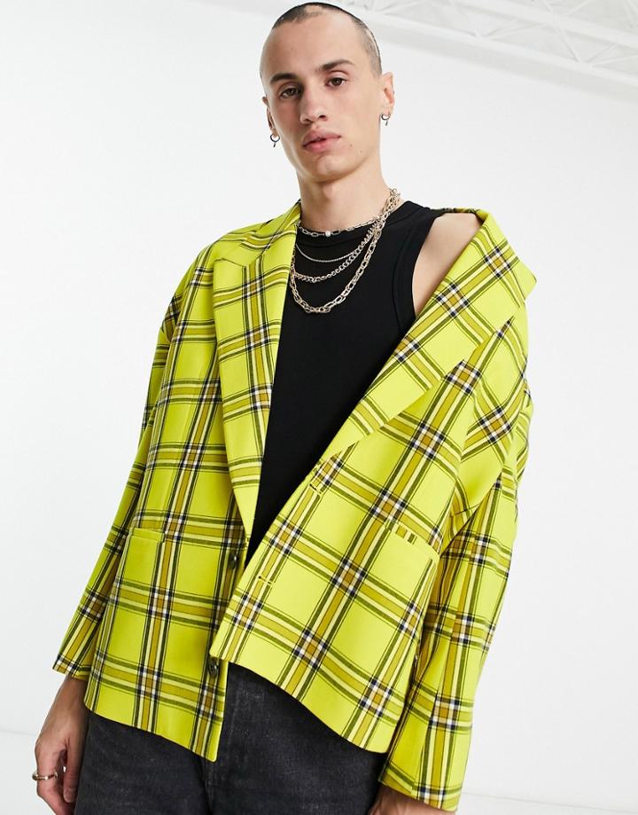 Asos Design Dropped Shoulder Oversized Blazer In Bright Yellow Tartan