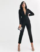 Asos Design Plunge Tux Jumpsuit With Shoulder Pad-black
