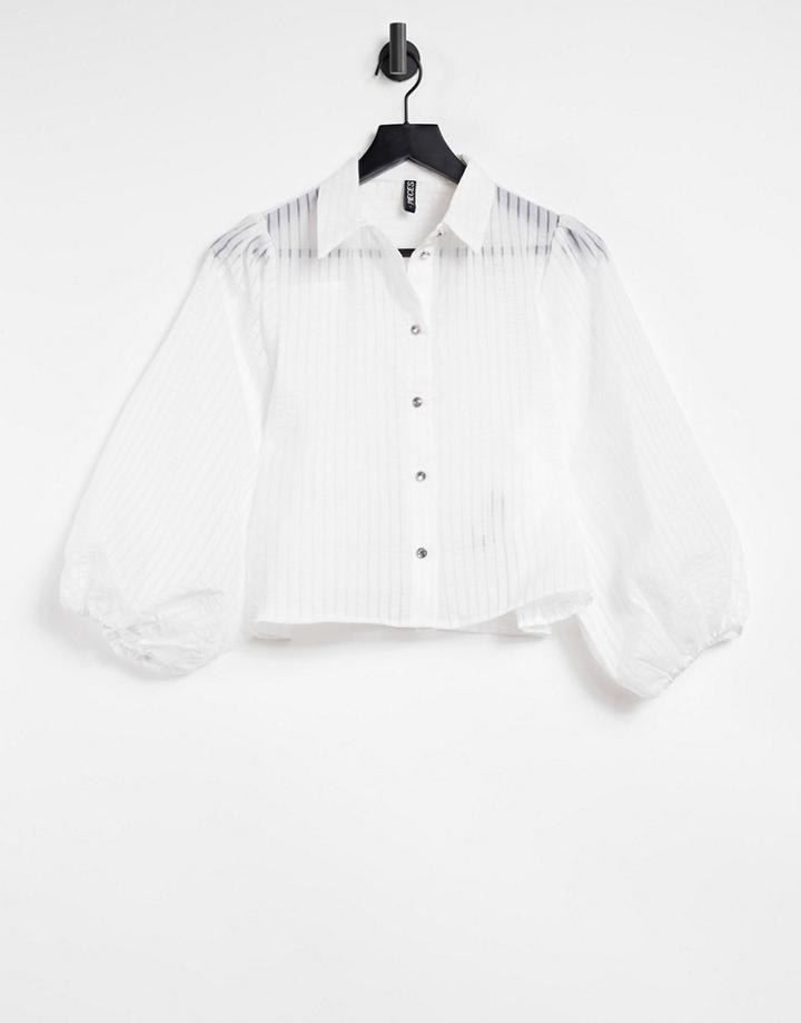 Pieces Sheer Pinstripe Shirt With Puff Sleeves In White
