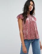 Hazel Crushed Velvet Top With Lace Yolk - Pink