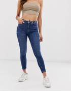 River Island High Rise Saddle Skinny Jeans In Mid Wash-blues