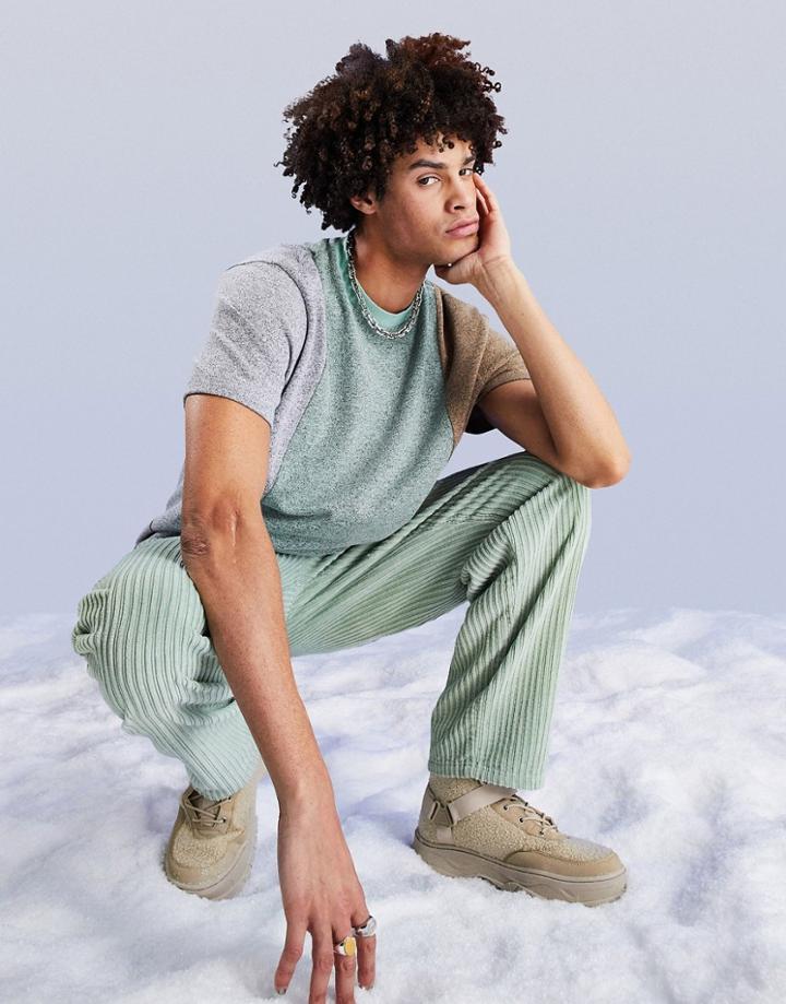 Asos Design Relaxed T-shirt In Green And Beige Heather Color Block