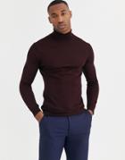Moss London Merino Roll Neck Sweater In Burgundy-red