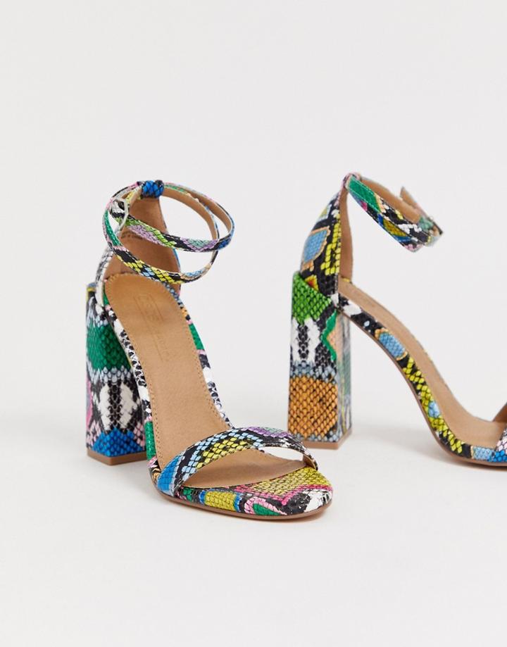 Asos Design Highlight Barely There Block Heeled Sandals In Snake-multi
