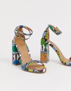 Asos Design Highlight Barely There Block Heeled Sandals In Snake-multi
