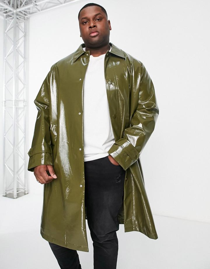 Asos Design Longline Oversized Trench Coat In Khaki Faux Leather Vinyl-green