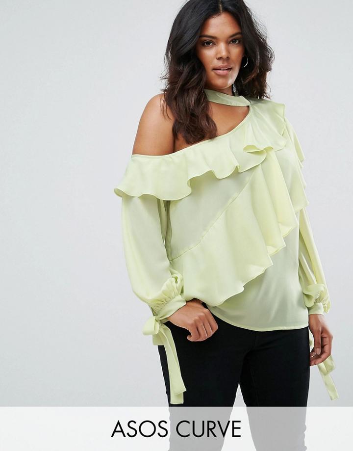 Asos Curve Ruffle Blouse With Exposed Shoulder & Neck Band - Green