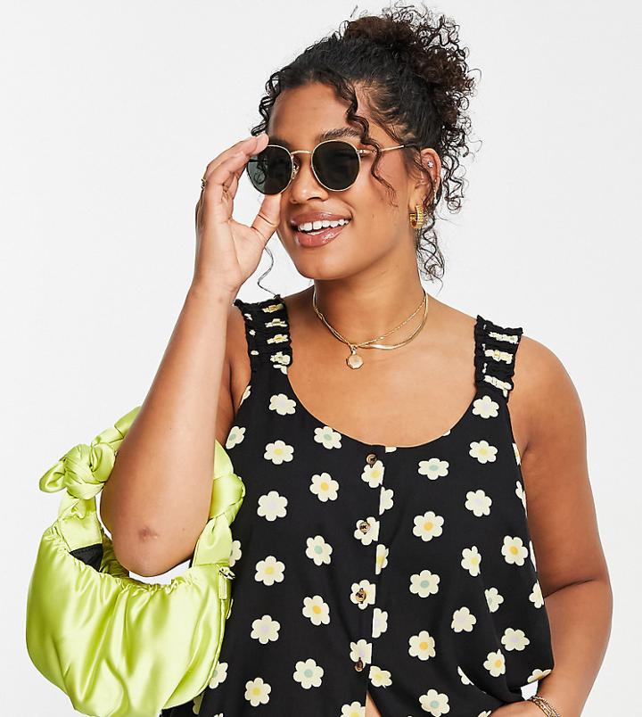 Simply Be Printed Viscose Tank Top In Retro Floral-black