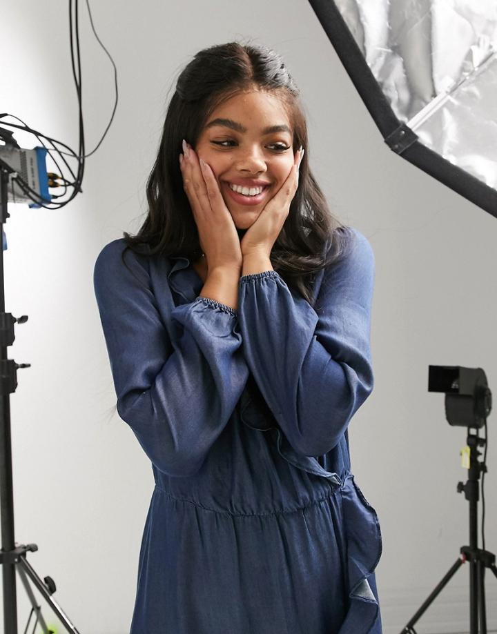 Oasis Denim Ruffle Wrap Dress In Blue-blues
