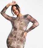 Missguided Mesh Graphic Printed Mini Dress In Brown
