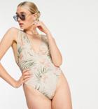 Asos Design Tall Gathered Plunge Swimsuit In Palm Print-multi