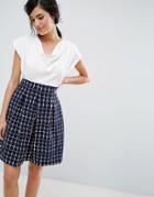 Closet London Ruched Neck Grid Print Skater Dress - Navy