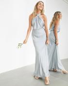 Asos Edition Satin Ruched Halter Neck Maxi Dress In Ice Blue-blues