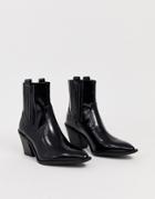 Pull & Bear High Heeled Patent Western Chelsea Boots In Black