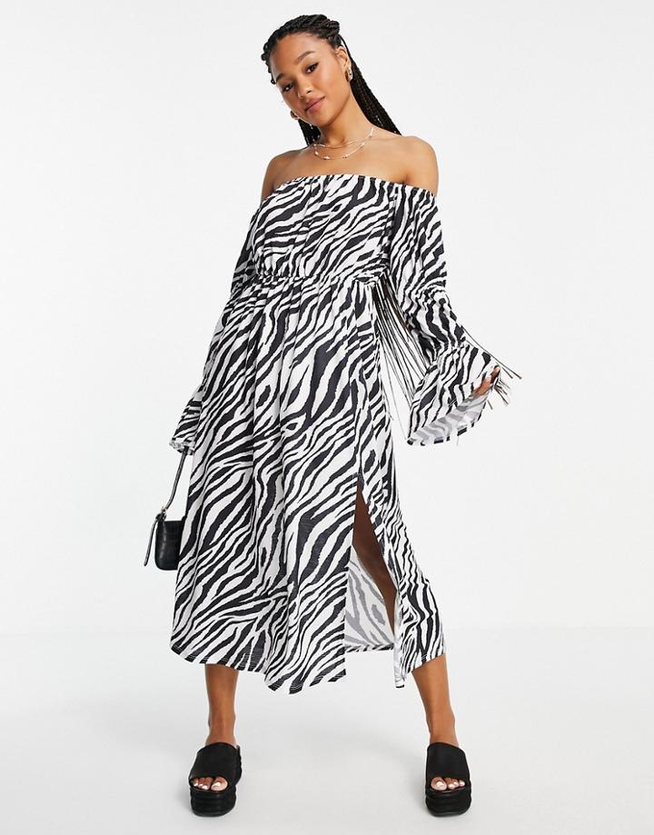 Asos Design Bardot Waisted Midi Dress In Zebra Print-multi