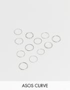 Asos Design Curve Pack Of 12 Rings In Mixed Texture And Twist Designs In Silver Tone - Silver