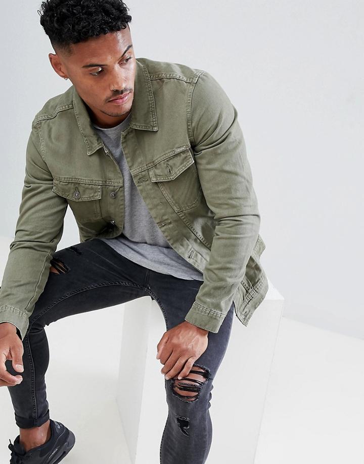 Pull & Bear Denim Jacket In Khaki - Green