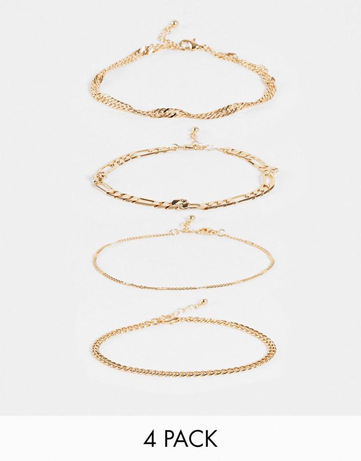 Asos Design Pack Of 4 Anklets In Mixed Chains In Gold Tone