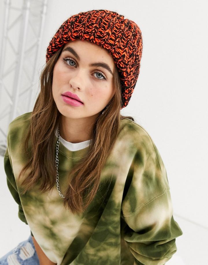 Asos Design Two Tone Knit Beanie In Orange And Black