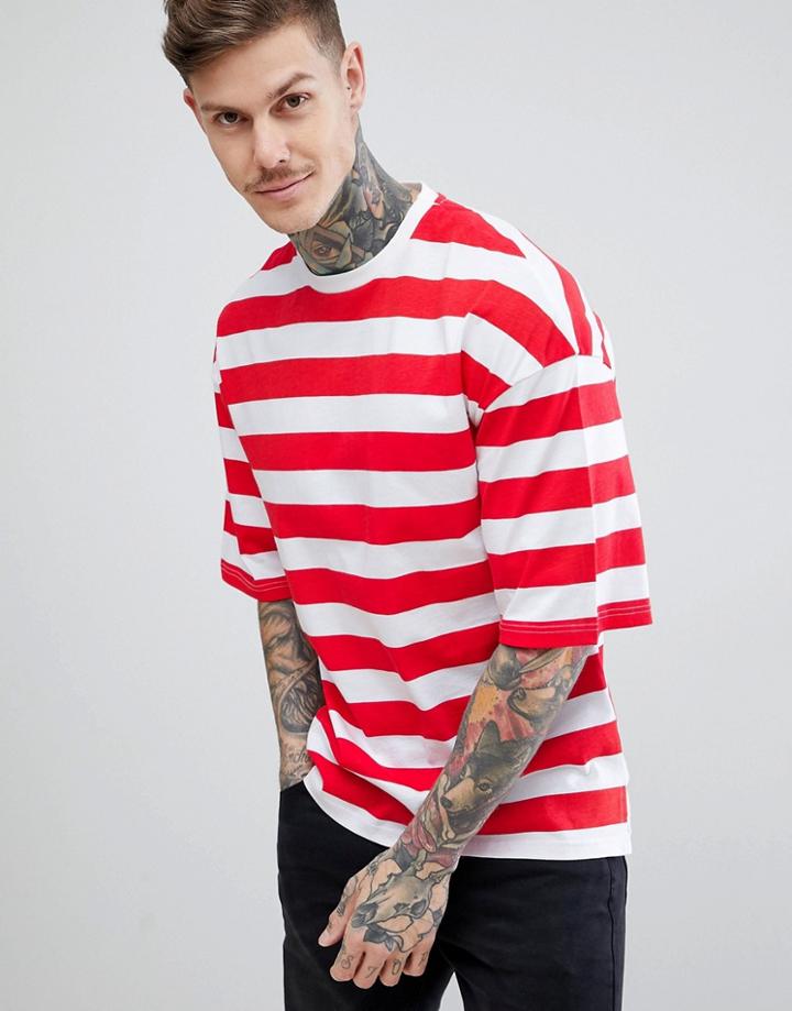 Boohooman Oversized T-shirt In Red Stripe - Red