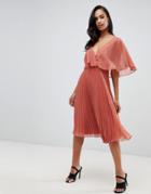 Asos Design Flutter Sleeve Midi Dress With Pleat Skirt - Brown