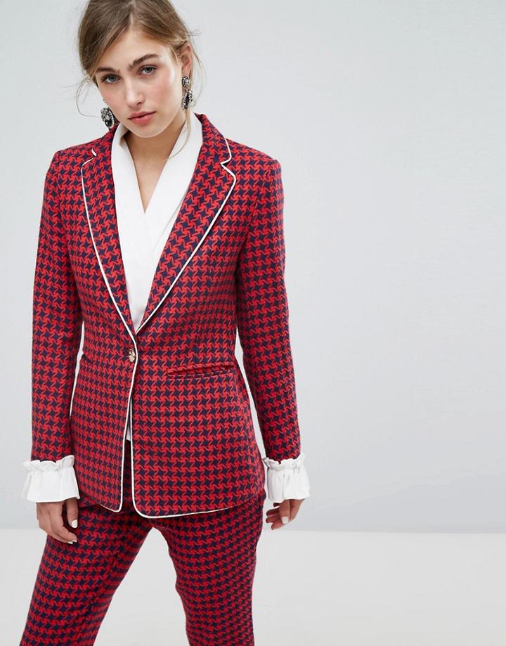 Sister Jane Houndstooth Blazer With Frill - Red