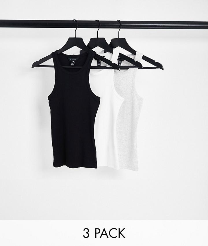 New Look 3 Pack Racer Tank Tops In Black, White And Gray