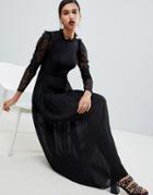 Y.a.s High Neck Lace Maxi Dress In Black With Pleats