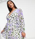 Asos Design Curve Textured Pleated Wrap Mini Dress In Floral Spot-multi