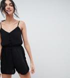 Asos Design Tall Romper In Crinkle With Button Front-black