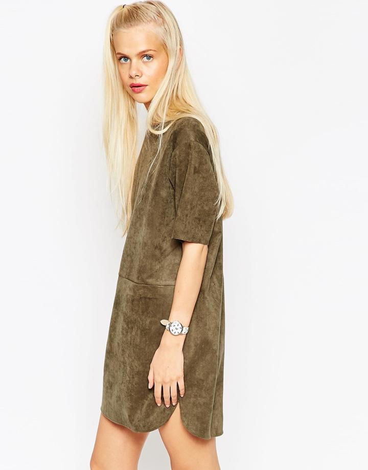Asos Shift Dress In Suedette With Rib Neck And Pockets - Khaki