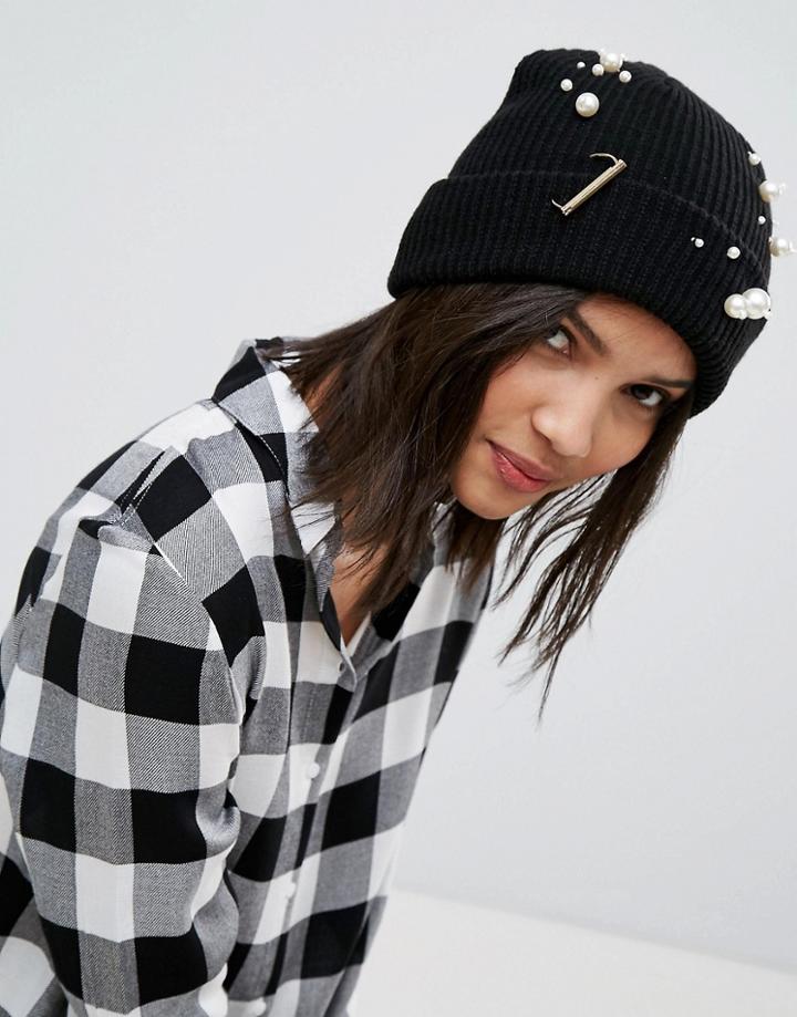 Stradivarius Pearl Embellished Hat - Black