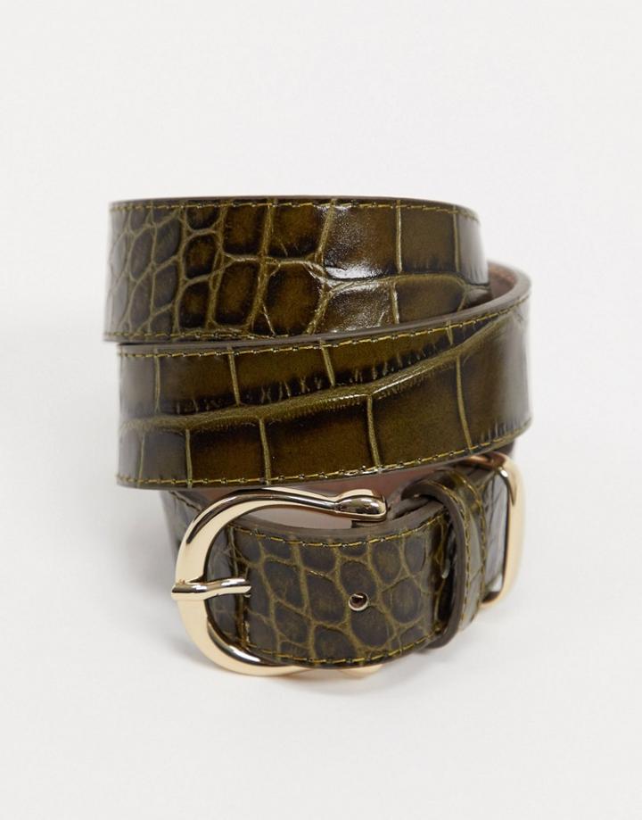 & Other Stories Leather Croc Belt In Khaki-green