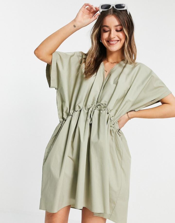Asos Design Cotton Mini Smock Dress With Gathered Waist In Khaki-green