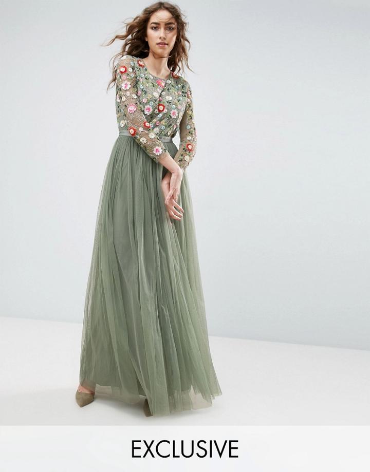 Needle And Thread Long Sleeve Embroidered Maxi Dress - Green